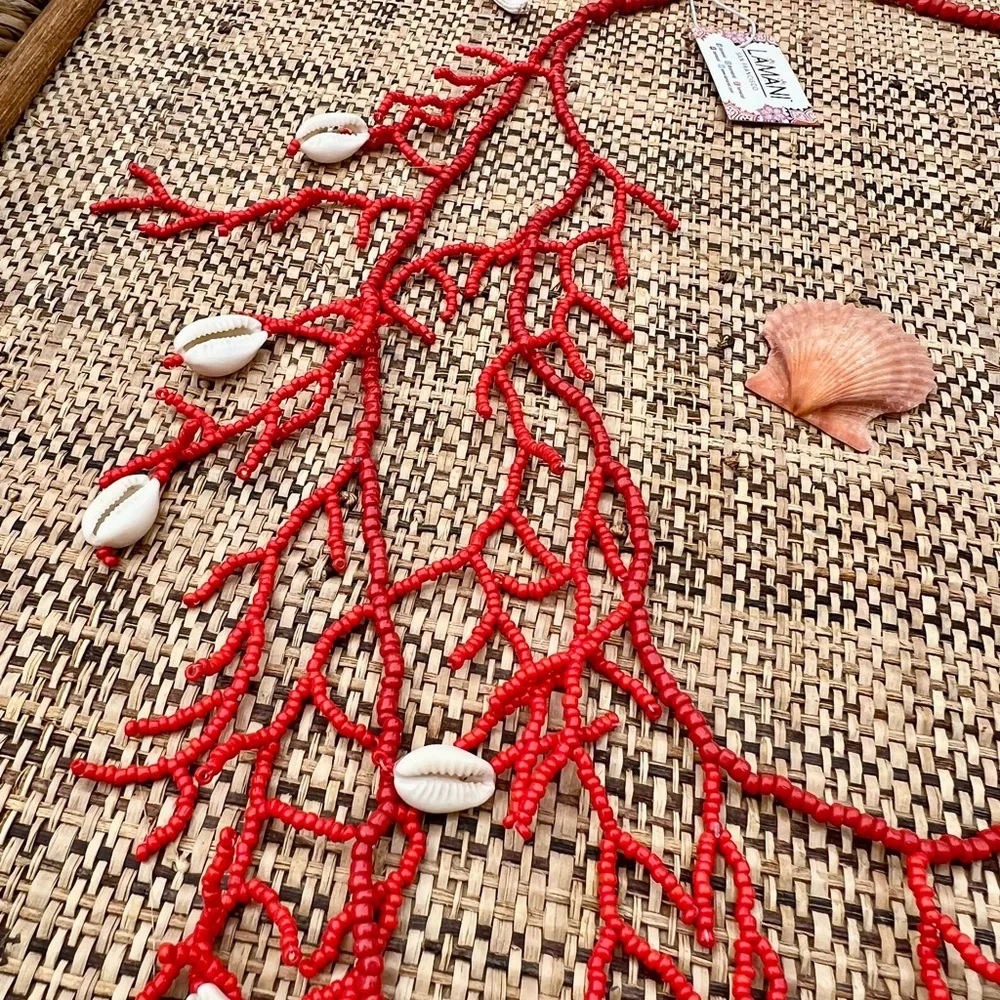 🪸 Red Beaded Coral Necklace Shell Beach - Picture 4 of 4